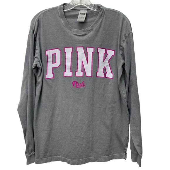 Victoria's Secret Tops - Pink Victorias Secret Womens Small Hot Pink Purple Logo Long Sleeve Gray T Shirt